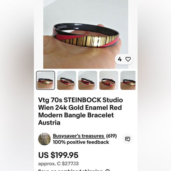 Vintage Steinbock Austria Red Black Enamel 24KT Gold Inlay Bangle Bracelet - Picture 11 of 11